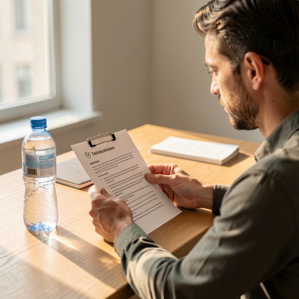 Man reviewing printed wellness notes and a water bottle at a clean wooden desk with warm natural light
