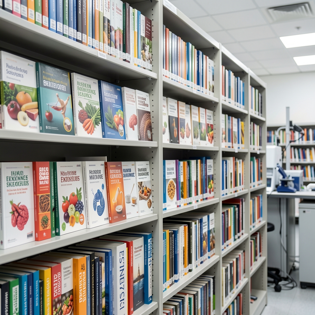 Research library shelf with scientific journals on nutrition and exercise science under bright studio lighting in a quality-control environment