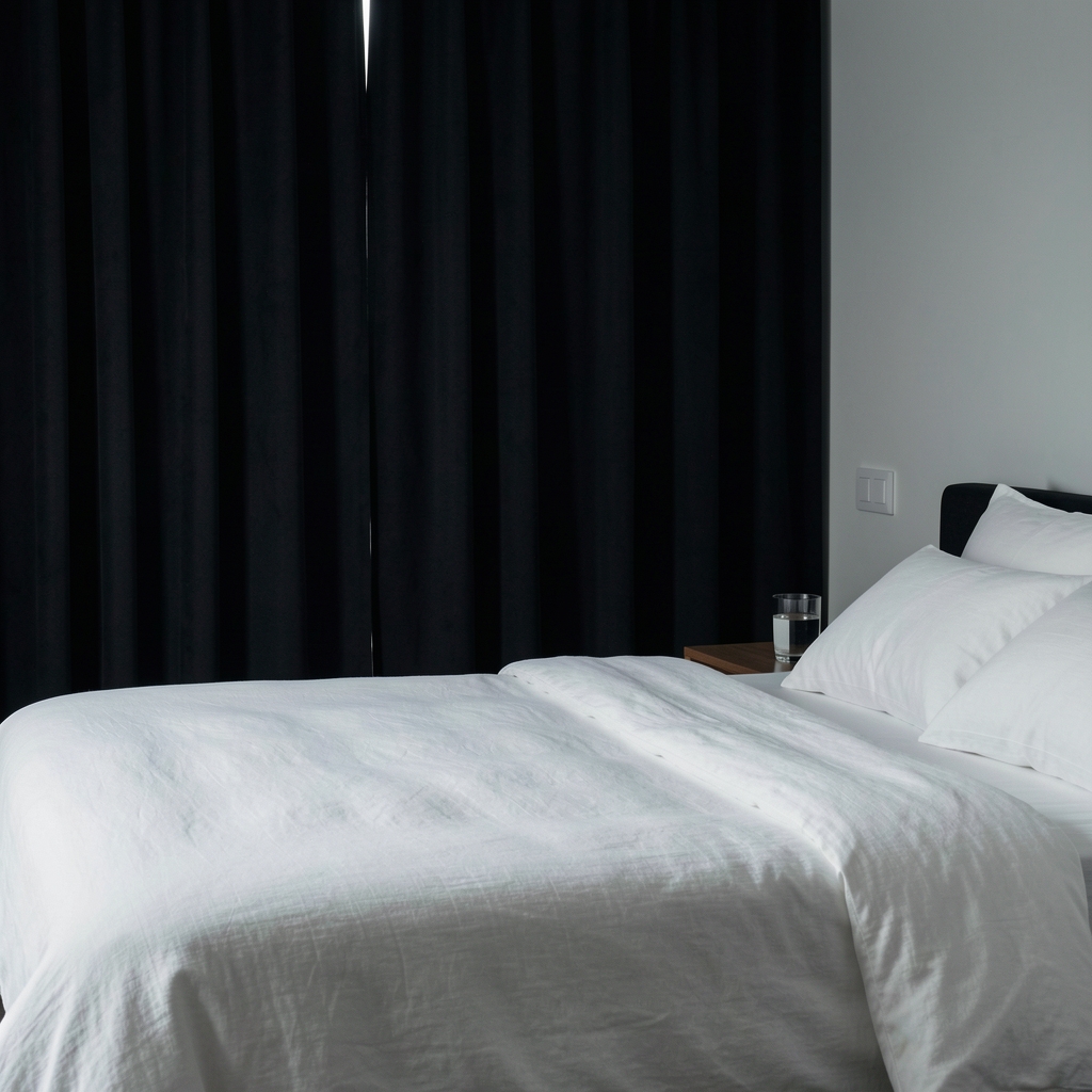 Dim bedroom with blackout curtains, a white linen bed, and a small bedside glass of water — an optimised sleep environment