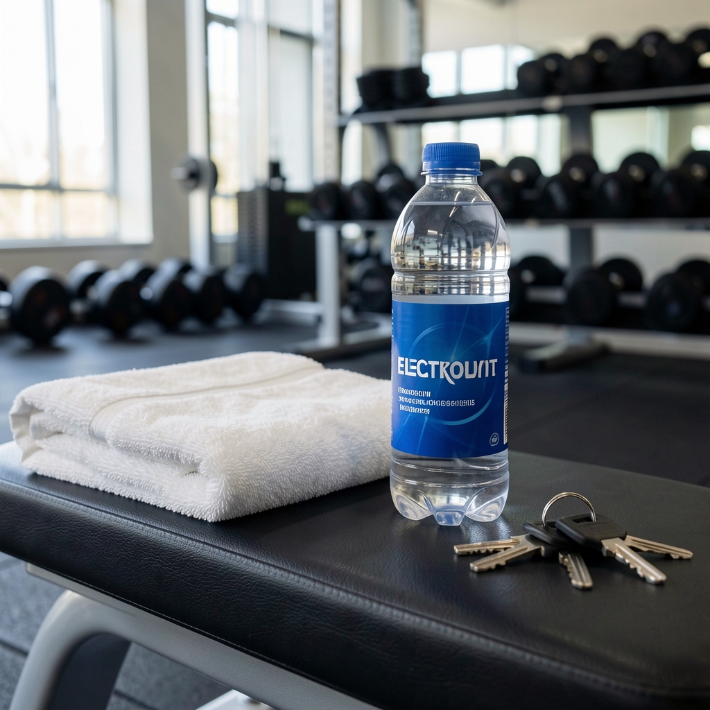Water bottle and electrolyte powder on a gym bench after a workout session, with clean towel and keys