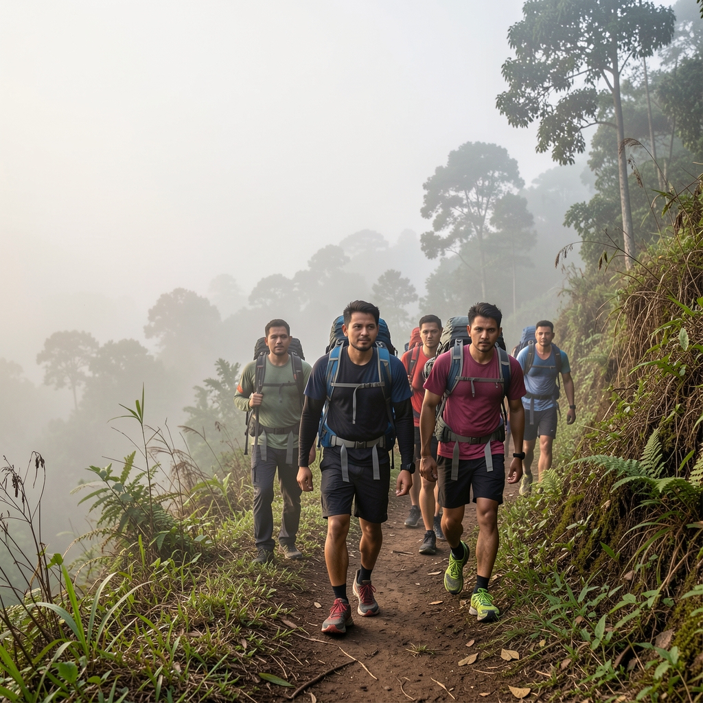 Group of men hiking on a Jakarta hill trail in the early morning mist with backpacks and trail running shoes