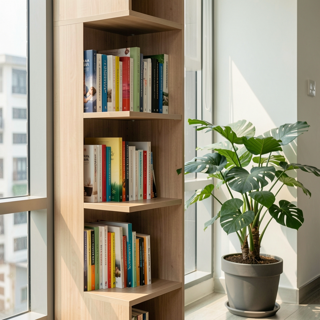 Natural light entering a Jakarta office space with a shelf of wellness reference books and a potted plant